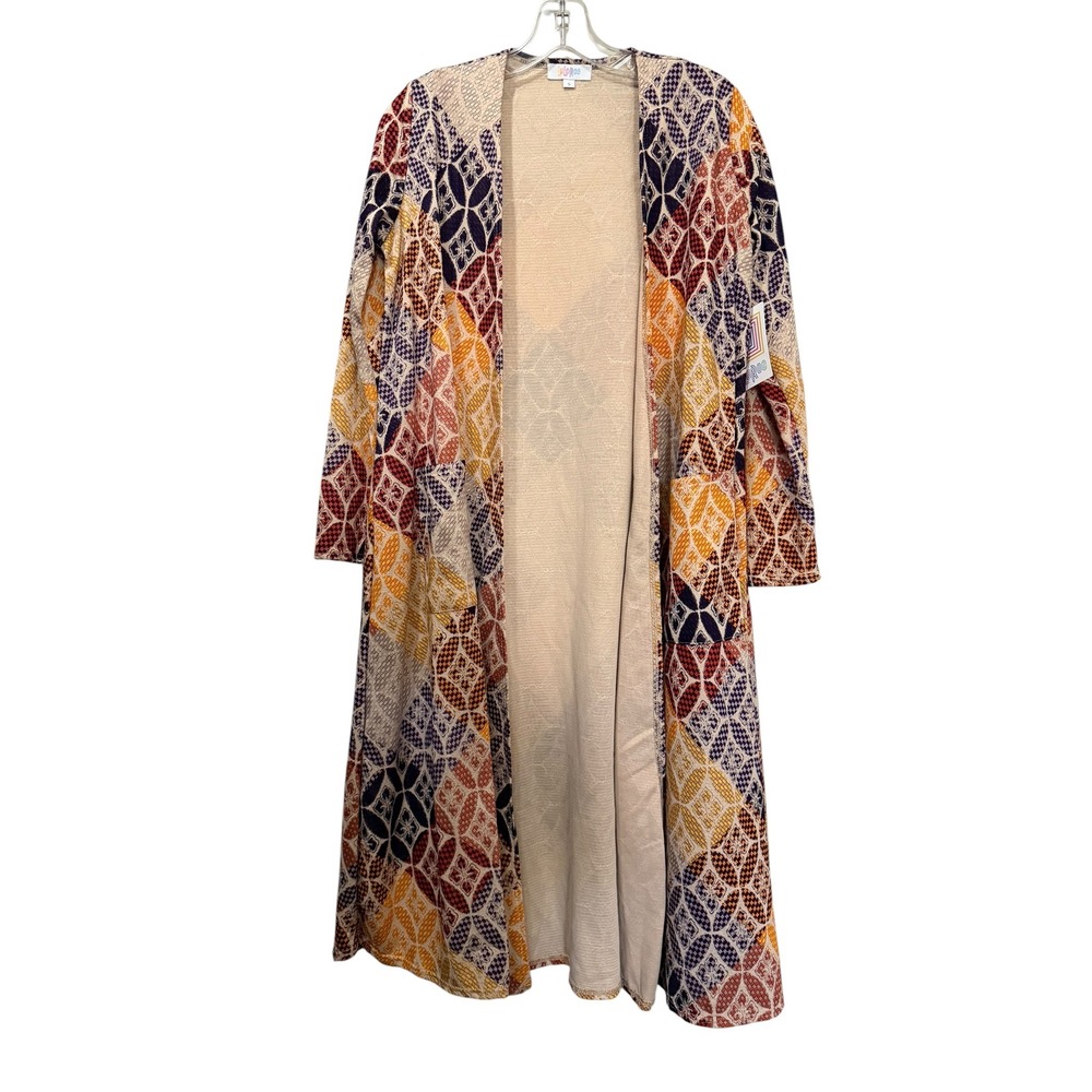 LuLaRoe Sarah Long Cardigan Duster Small Geometric Diamond Print Open Front NEW